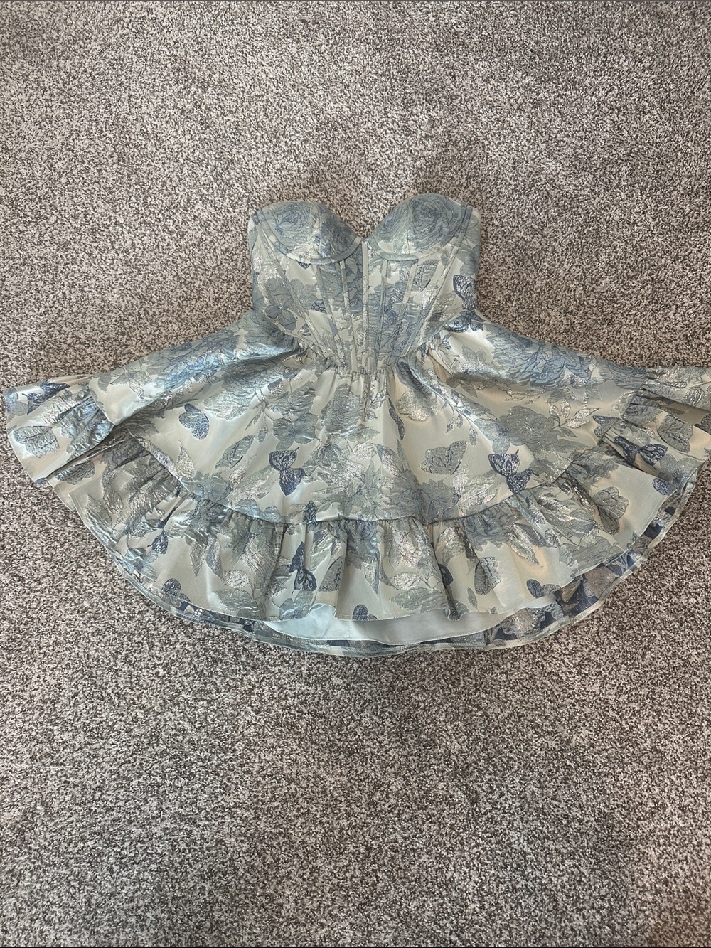 Sherri Hill Strapless Floral Fit-and-Flare Dress in Pale Blue and Silver